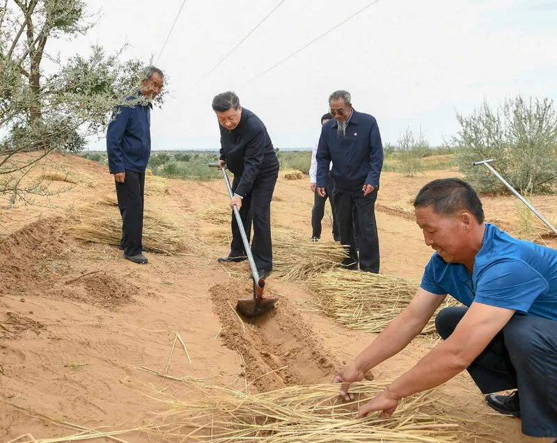 2019年8月21日，習(xí)近平來到甘肅省武威市古浪縣八步沙林場，實地察看當?shù)刂紊吃炝?、生態(tài)保護等情況。新華社記者 謝環(huán)馳 攝